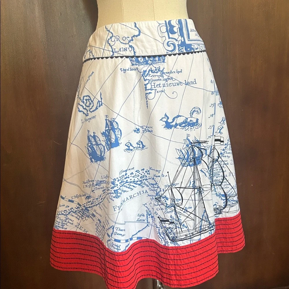 Y2K Seafarers Map Ship Embroidery Ric Rac Skirt 6P - Picture 2 of 14